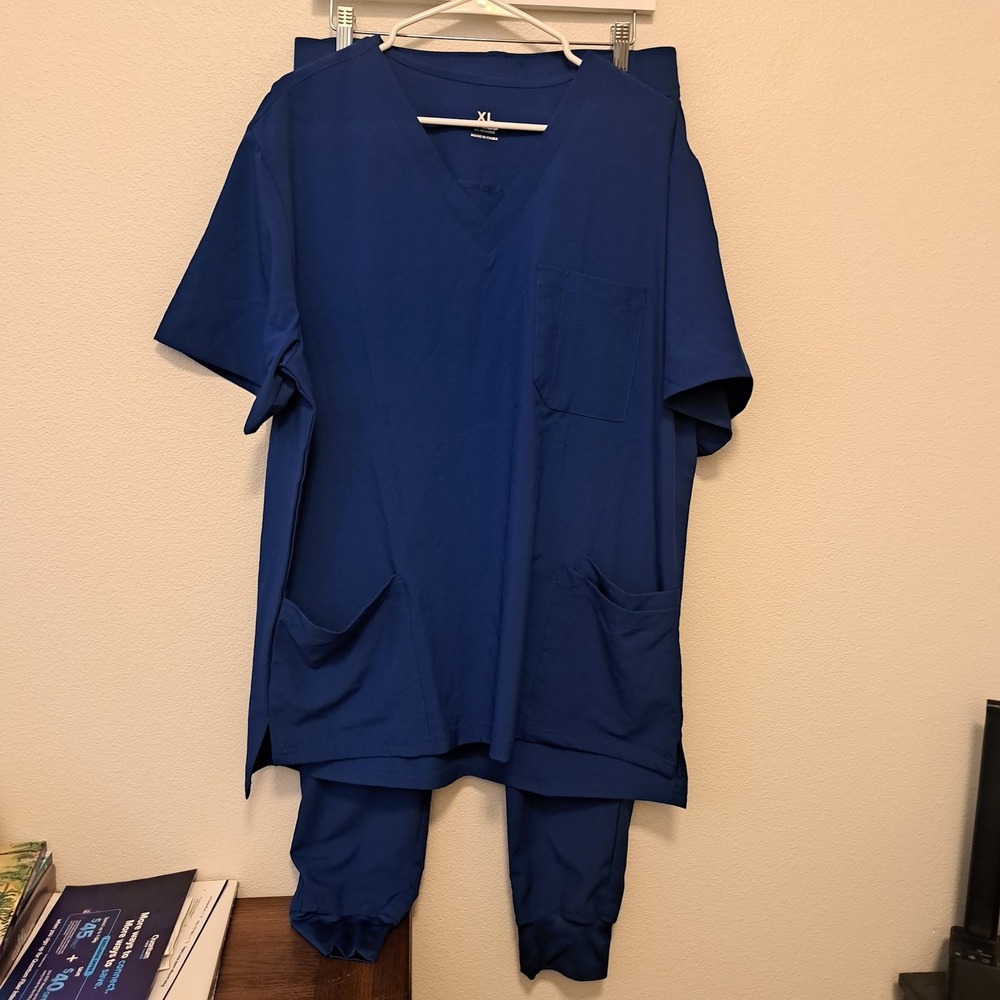 Women Royal Blue Scrub Set V-Neck Top XL and Jogger Pants M Stretch Medical Wear